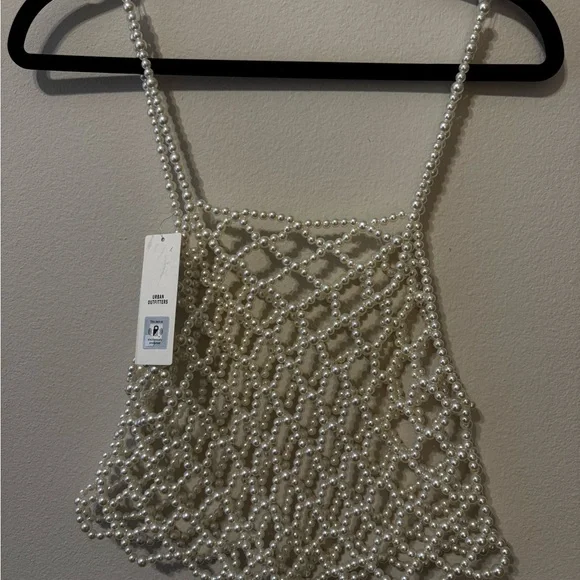 Urban Outfitters Pearl Beaded Net Tank Top - Cream - Picture 2 of 6